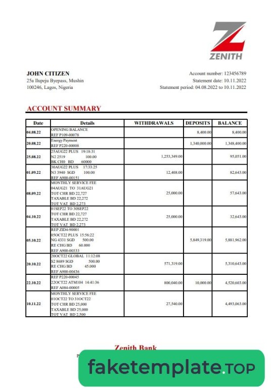 Feature of fake Nigeria Zenith Bank statement xls